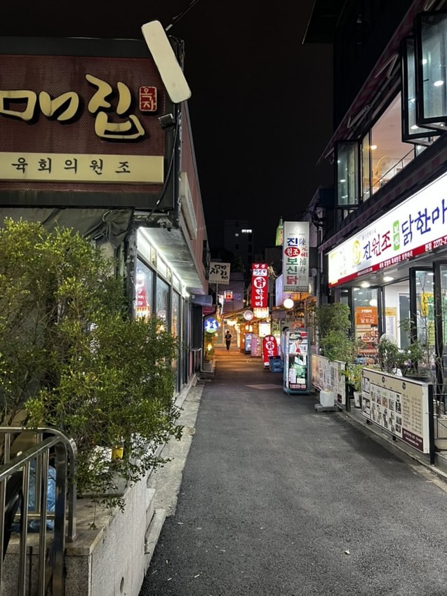 夏の夜のソウルの路地と飲食店の看板