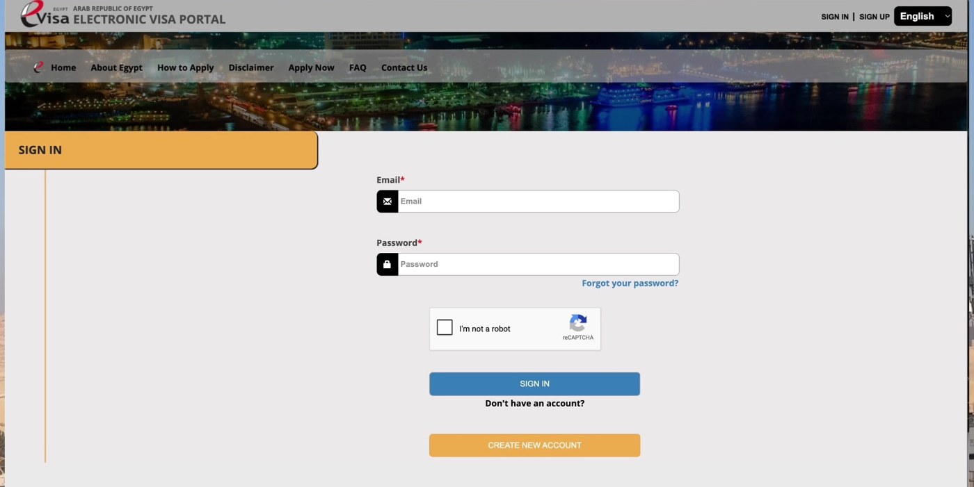 visa2egypt.gov.eg公式サイトのSIGN IN画面