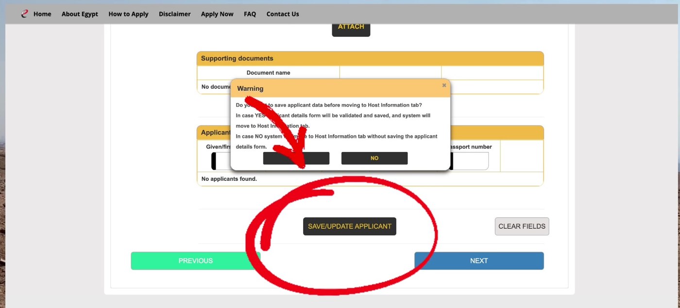 SAVE/UPDATE APPLICANTボタンと保存確認の警告ダイアログ