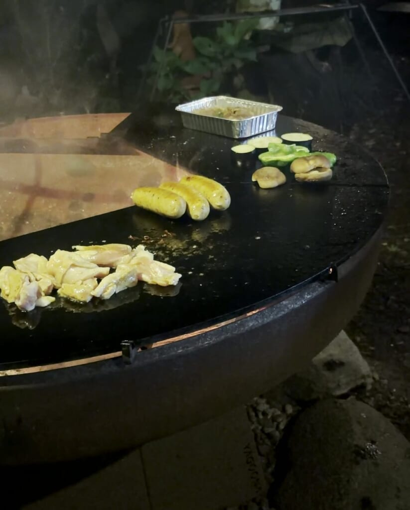 薪火グリルの鉄板で焼いている鶏肉とソーセージ、野菜